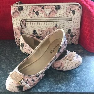 Guess flats and large clutch in cement floral